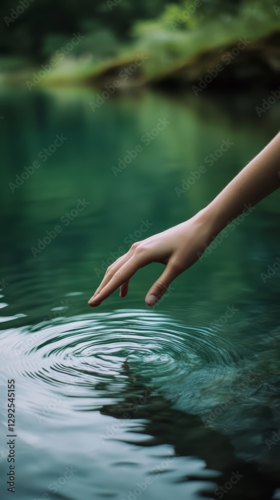 Fototapeta premium Person reaching out to touch a calm river s surface, fingers creating ripples