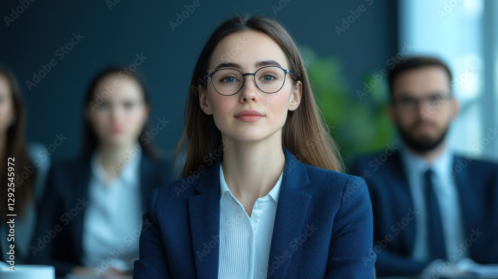 Professional woman in glasses at corporate meeting, focused and confident Professional woman in glasses at corporate meeting, focused and confident
