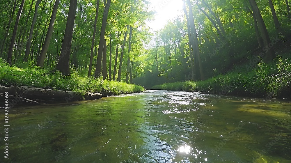 Fototapeta premium Sunlit Creek Winding Through a Lush Summer Forest AI Generated