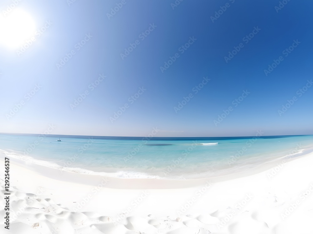 Panoramic View of a Serene White Sand Beach with Clear Blue Water Under a Bright Sky Panoramic View of a Serene White Sand Beach with Clear Blue Water Under a Bright Sky