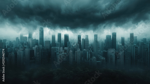 city skyline under dark storm clouds, evoking sense of economic crisis and uncertainty