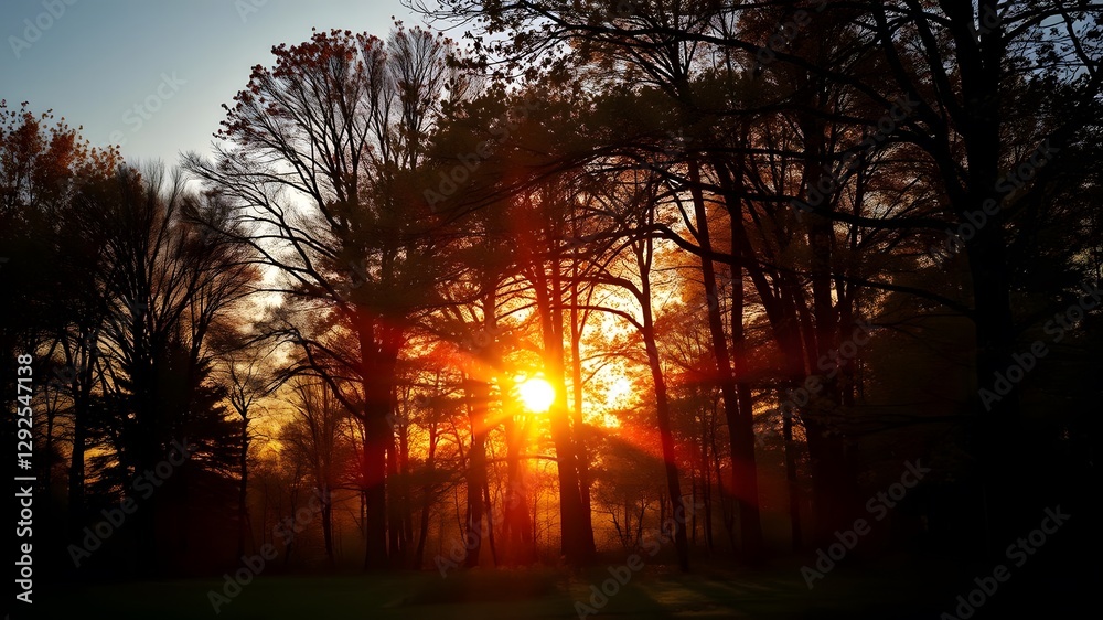 Autumn Forest at Sunset with Golden Light and Soft Shadows on the Ground Autumn Forest at Sunset with Golden Light and Soft Shadows on the Ground