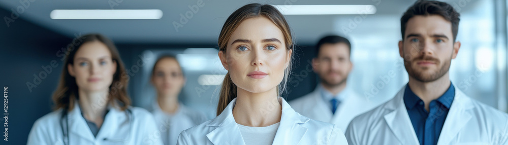 Professional group of healthcare workers in lab coats, focused and determined Professional group of healthcare workers in lab coats, focused and determined
