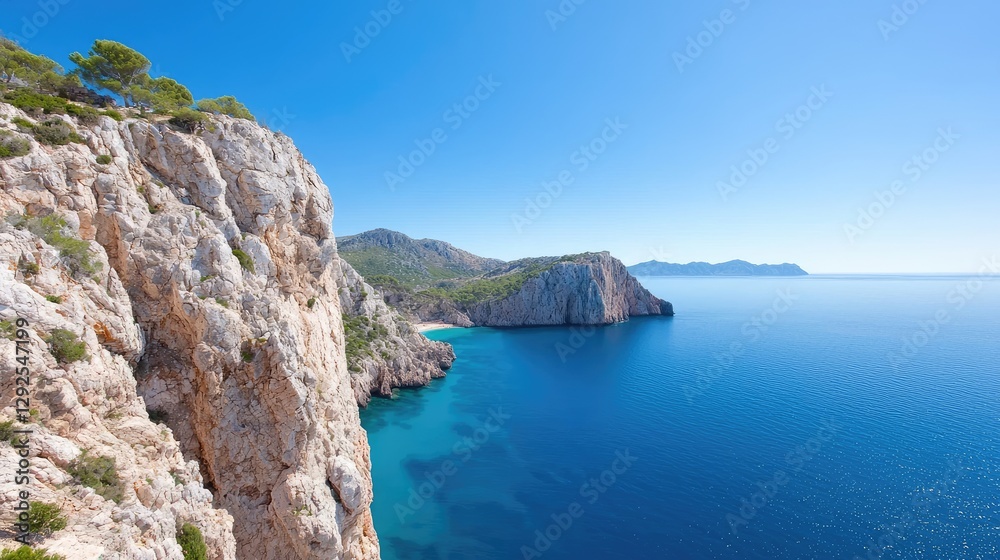 Coastal clifftop view, turquoise sea, sunny day, island backdrop; travel brochure Coastal clifftop view, turquoise sea, sunny day, island backdrop; travel brochure