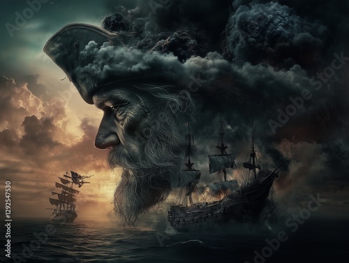 Head of dangerous captain, pirate, on grunge background with sea and ship. Pirate life and adventures, concept.