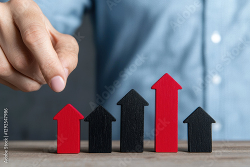 senior hand adjusting red wooden arrow among black arrows, symbolizing growth and progress