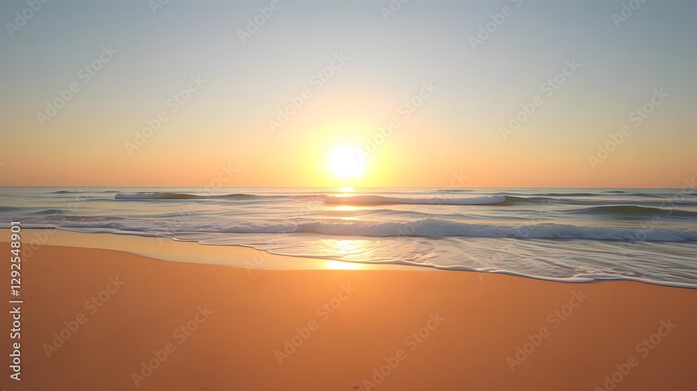 Tranquil Beach Scene with Gentle Waves and Warm Golden Hues at Sunset Tranquil Beach Scene with Gentle Waves and Warm Golden Hues at Sunset