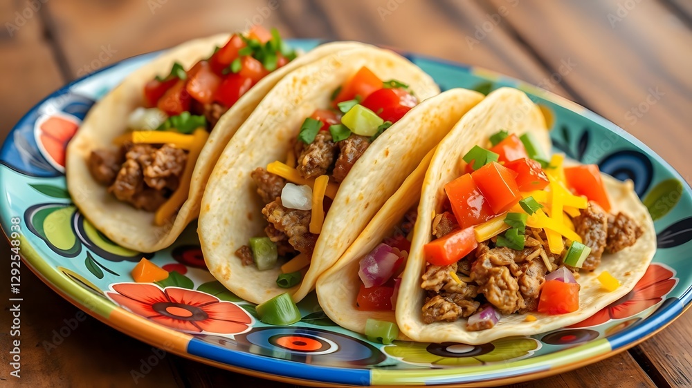 Hard shell tacos with beef, cheese, and fresh veggies, drizzled with zesty salsa, served on a vibrant ceramic plate for an eye Hard shell tacos with beef, cheese, and fresh veggies, drizzled with zesty salsa, served on a vibrant ceramic plate for an eye