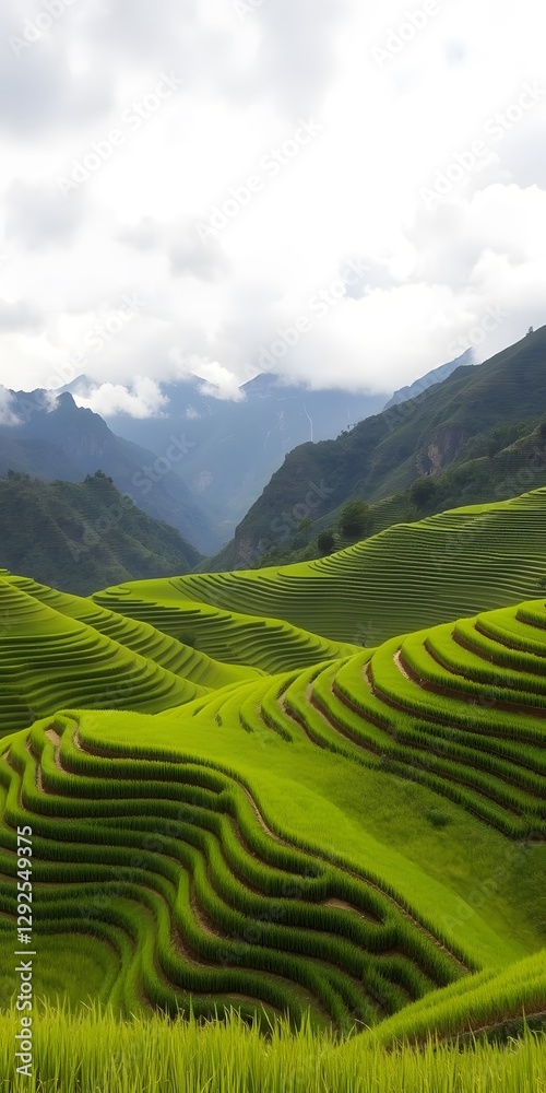 Obraz premium Rolling Green Rice Fields with Majestic Mountains in the Background