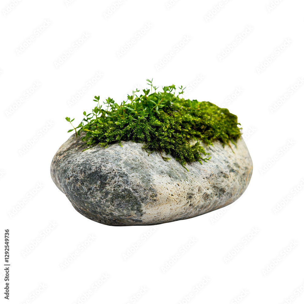 A smooth stone topped with vibrant green moss and small plants. A smooth stone topped with vibrant green moss and small plants.