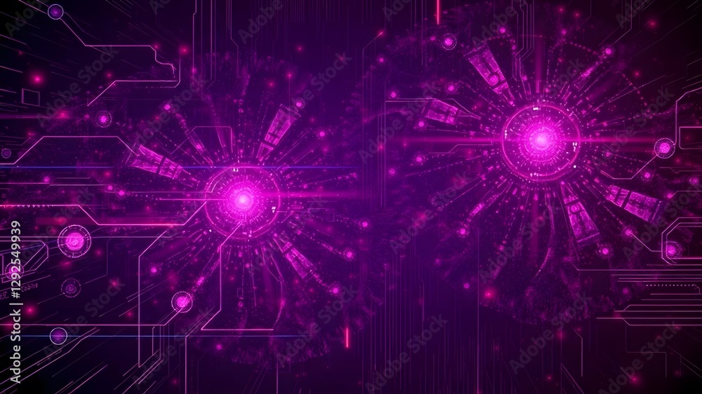 Obraz premium Fractal inspired technological design in dark purple red tones with glowing digital elements, evoking a high tech, space like