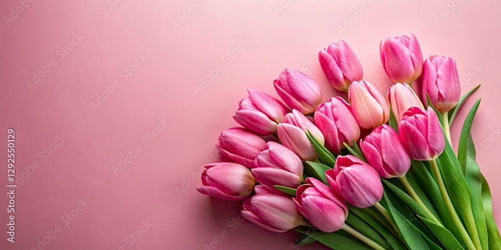Fototapeta premium Elegant Bouquet of Pink Tulips on Soft Pink Background for Special Occasions - Mother's Day, Valentine's Day, Birthday Celebration, Greeting Card Inspiration, Copy Space for Personal Messages