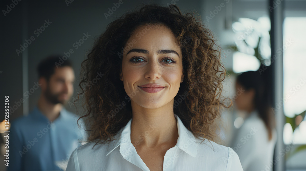 A portrait of an attractive woman with curly hair smiling in the office, generative AI A portrait of an attractive woman with curly hair smiling in the office, generative AI