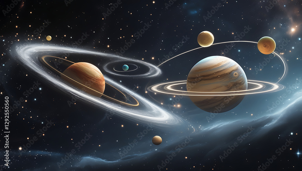 Naklejka premium A mesmerizing 4D visual representation of celestial bodies in motion, set against a mysterious, dark black space galaxy background, created by generative ai