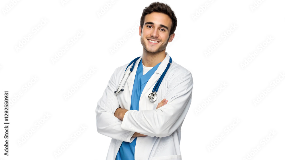 Portrait of a smiling, handsome young male doctor, standing confidently with arms crossed. He is wearing a professional medical uniform with a stethoscope draped naturally around his neck. PNG file Portrait of a smiling, handsome young male doctor, standing confidently with arms crossed. He is wearing a professional medical uniform with a stethoscope draped naturally around his neck. PNG file