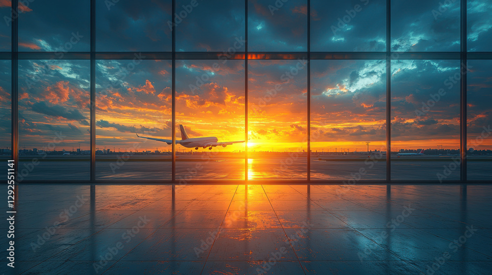 Fototapeta premium stunning sunset view of aircraft taking off behind airport window, creating dramatic atmosphere