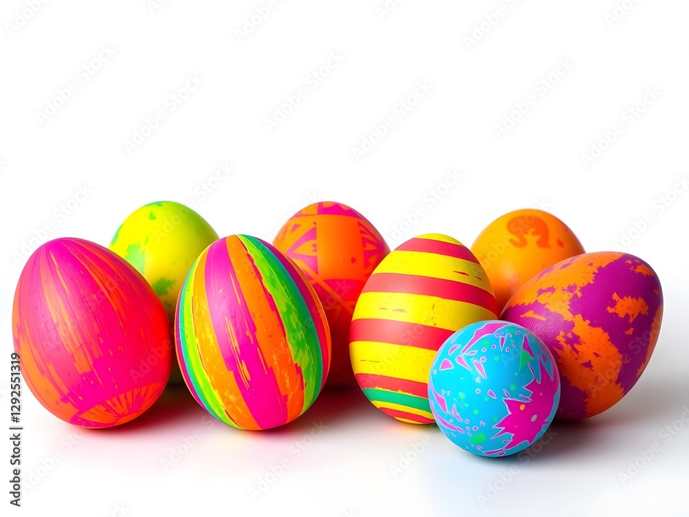 Bright Neon Easter Eggs with Bold Patterns and Textures, Set Against a Minimalist White Space Bright Neon Easter Eggs with Bold Patterns and Textures, Set Against a Minimalist White Space