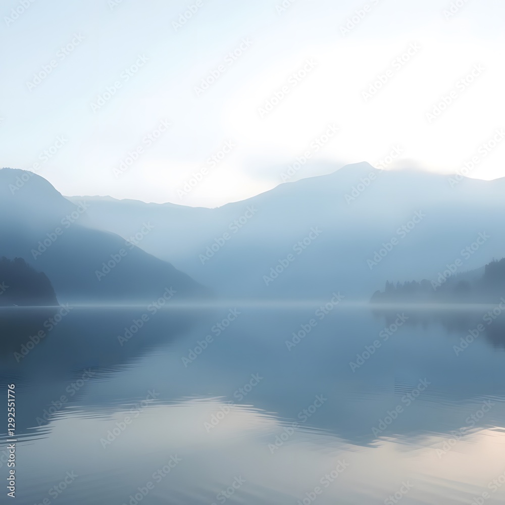 Serene Mountain Lake at Dawn with Gentle Mist Rising from Calm Waters Serene Mountain Lake at Dawn with Gentle Mist Rising from Calm Waters