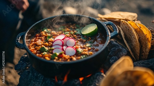 Campfire Chili with Lime and Radishes, Served with Homemade Tortillas
