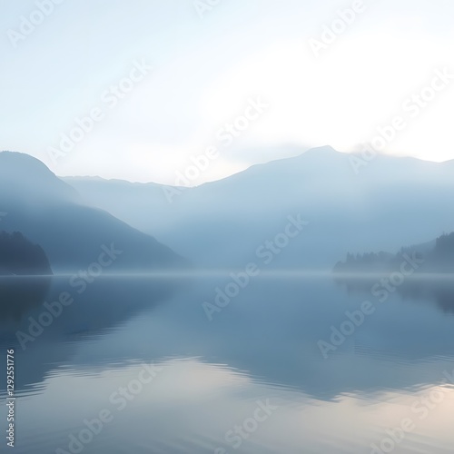  Serene Mountain Lake at Dawn with Gentle Mist Rising from Calm Waters