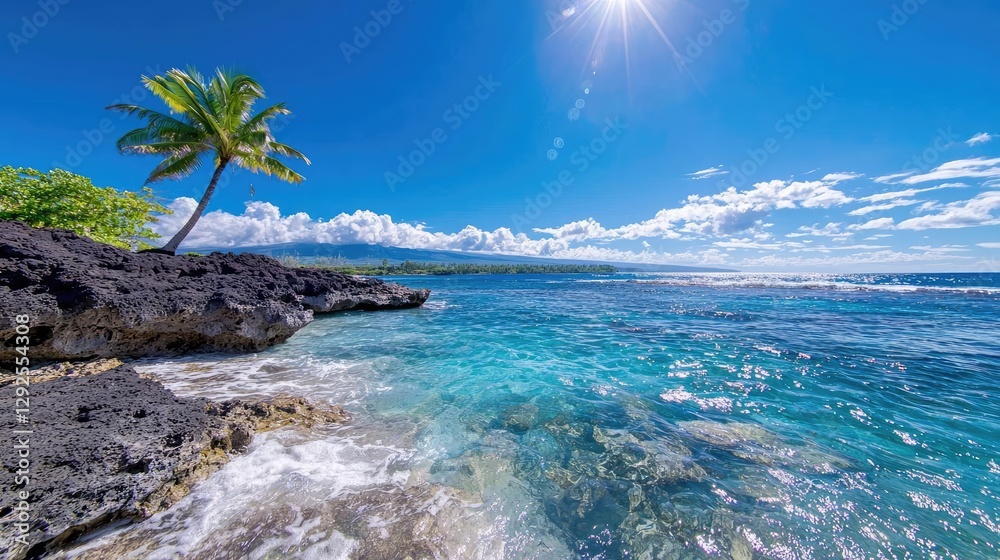 Fototapeta premium Tropical Coastline with Palm Tree and Azure Water