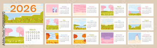 Calendar 2026 minimalist landscape natural of four seasons. Planner flat cartoon illustration. Seasonal modern art simple stylized design winter, spring, summer autumn. Set 12 months editable vector