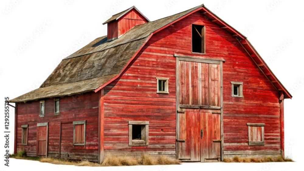 Old Red Rustic Wooden Barn Isolated on White Background - Weathered Wood Barn Cutout PNG for Country Themes, Farm Decor, and Vintage Aesthetics Old Red Rustic Wooden Barn Isolated on White Background - Weathered Wood Barn Cutout PNG for Country Themes, Farm Decor, and Vintage Aesthetics