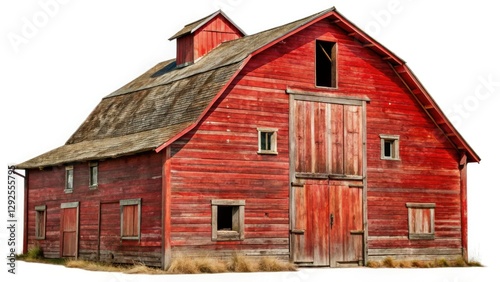 Old Red Rustic Wooden Barn Isolated on White Background - Weathered Wood Barn Cutout PNG for Country Themes, Farm Decor, and Vintage Aesthetics