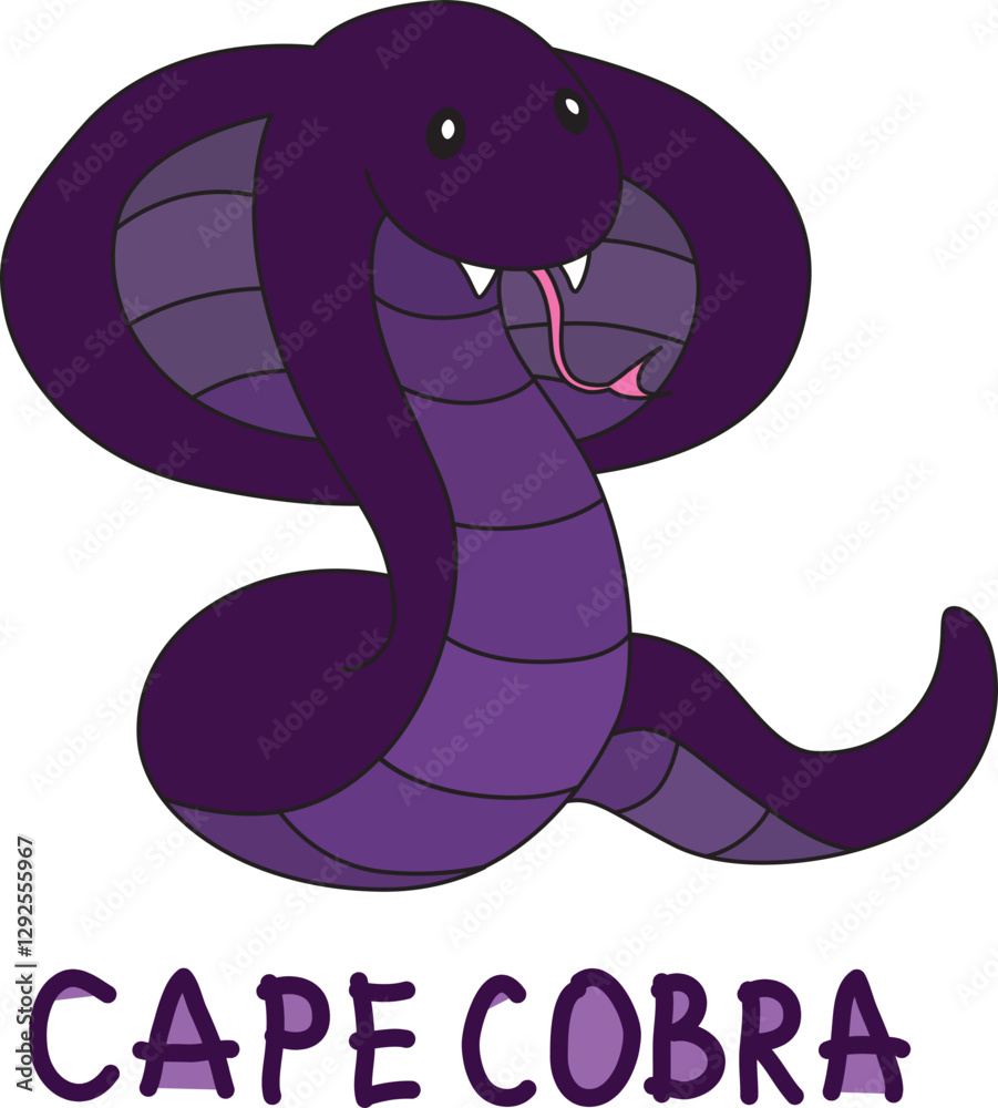 Fototapeta premium purple cape cobra with fangs with colorful text below hand written