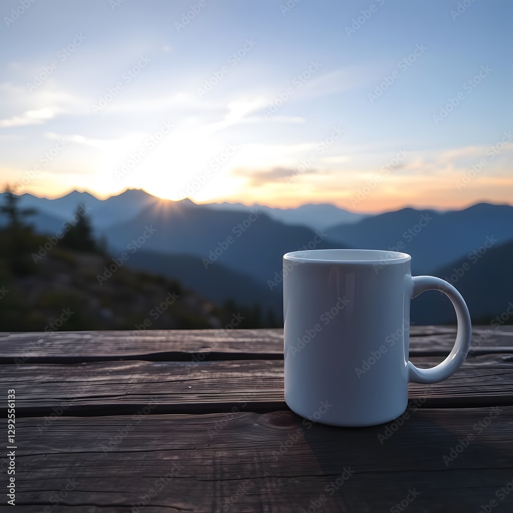 Obraz premium White Blank Mug Resting on Wooden Table with Tranquil Mountain Sunrise Morning View