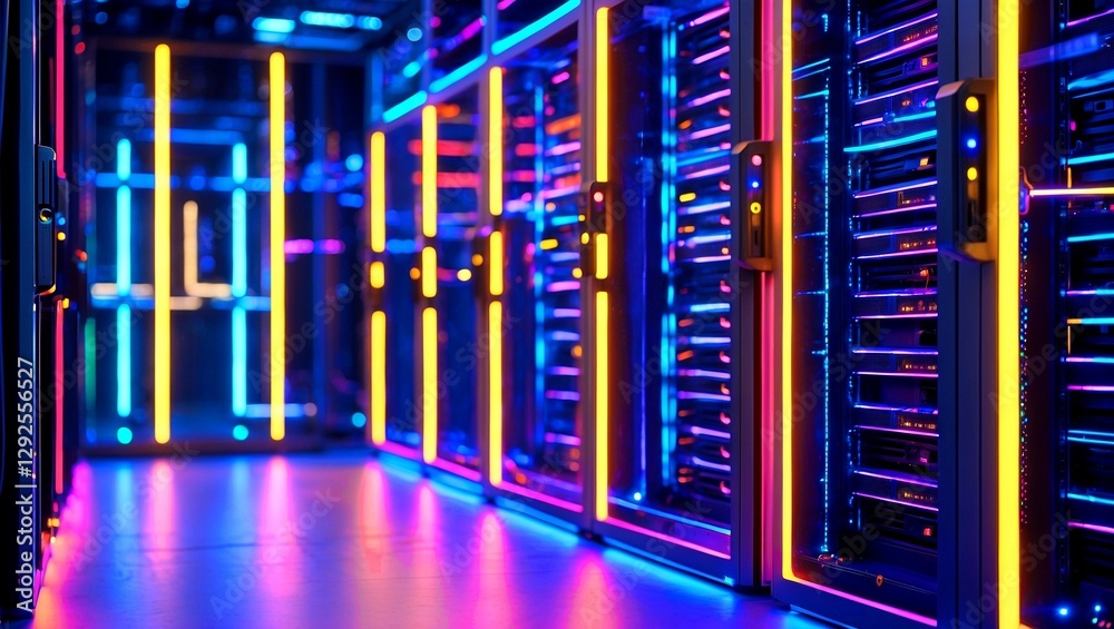 Vibrant data center rack illuminated by colorful leds Vibrant data center rack illuminated by colorful leds