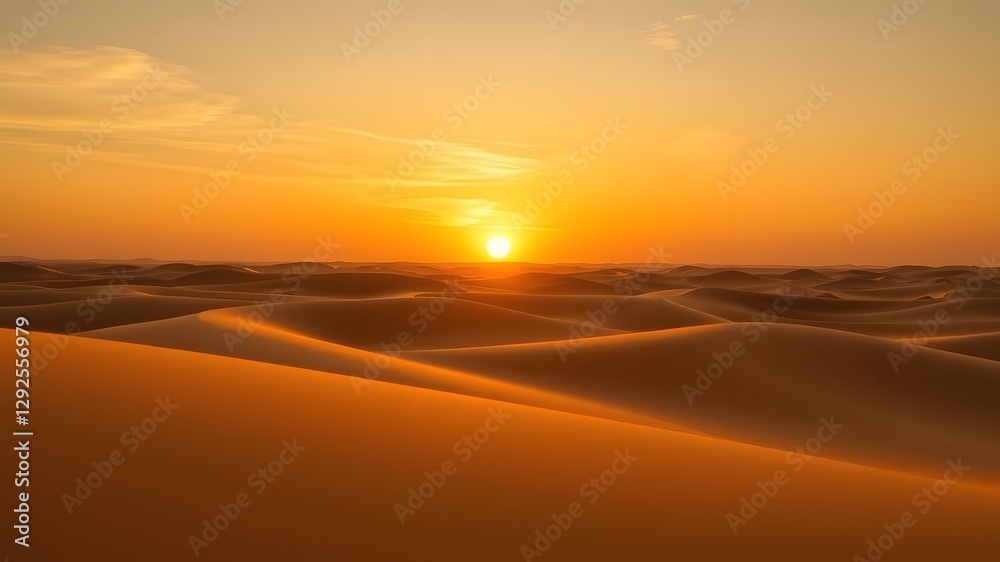 Obraz premium Warm Golden Sky Over Desert with Rising Sun and Expansive Sand Dunes