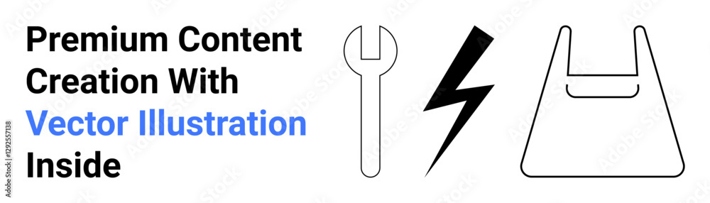 Wrench, lightning bolt, and shopping bag icons represent tools, energy, and commerce. Ideal for marketing, e-commerce, energy, creativity tools innovation modern design concepts flat landing page Wrench, lightning bolt, and shopping bag icons represent tools, energy, and commerce. Ideal for marketing, e-commerce, energy, creativity tools innovation modern design concepts flat landing page