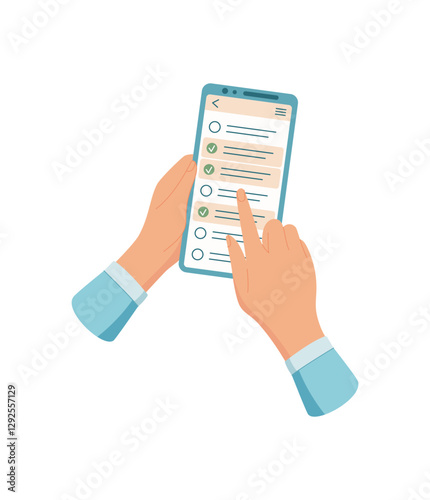Hands hold a phone displaying a to app with various tasks. A user interacts with the phone screen using finger gesture. The device features simple application for task management, digital