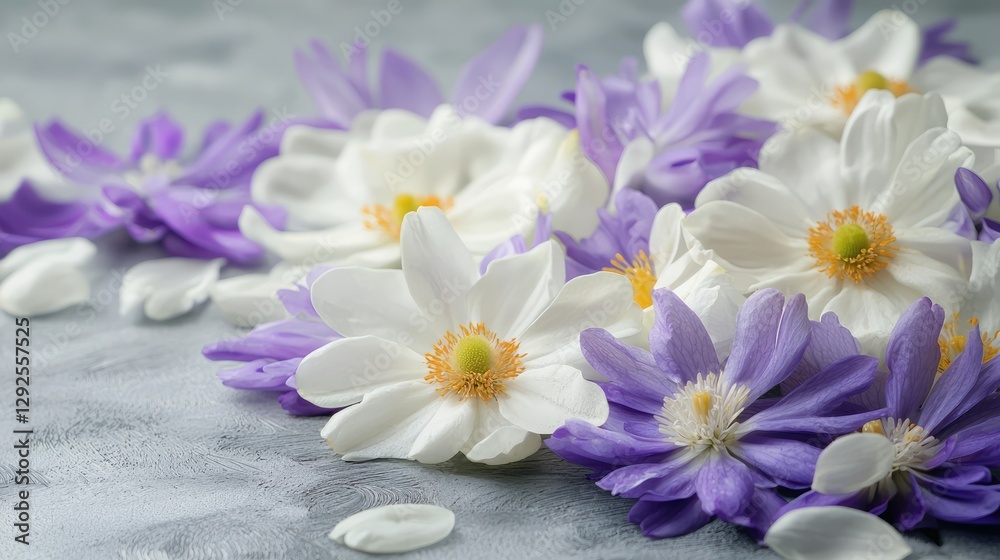 Purple and white anemone flowers are arranged on gray surface Purple and white anemone flowers are arranged on gray surface