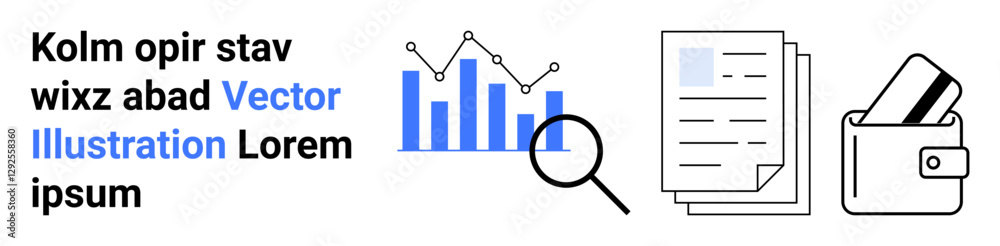 Bar graph with a magnifying glass overlay, documents next to a wallet with credit cards. Ideal for business analysis, financial reports, market research, budgeting, data analysis, financial planning Bar graph with a magnifying glass overlay, documents next to a wallet with credit cards. Ideal for business analysis, financial reports, market research, budgeting, data analysis, financial planning