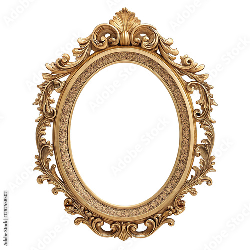 Luxurious golden oval frame with rococo details, antique aesthetic isolated on transparent white background