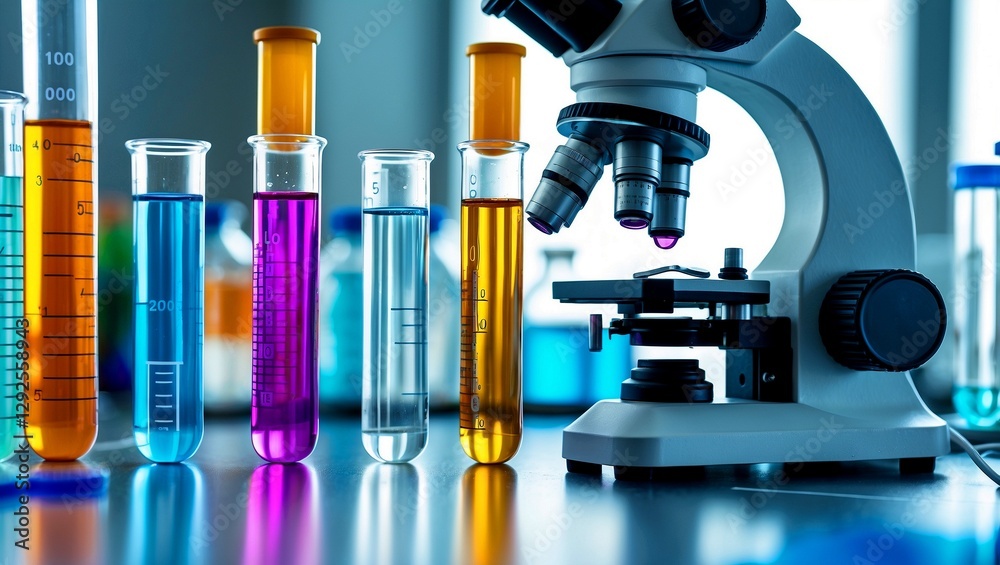 Vibrant test tubes and microscope in chemistry lab Vibrant test tubes and microscope in chemistry lab