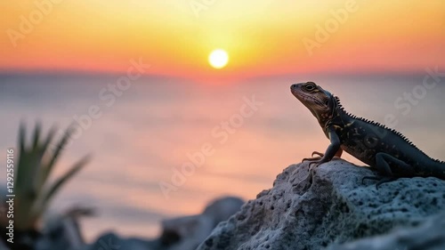 Scene of a lizard on a rock near the beach at sunset, smooth repeating motion for background video animation