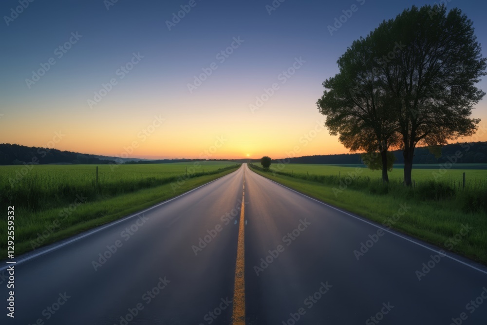 Fototapeta premium arafed road with a tree and a field in the distance