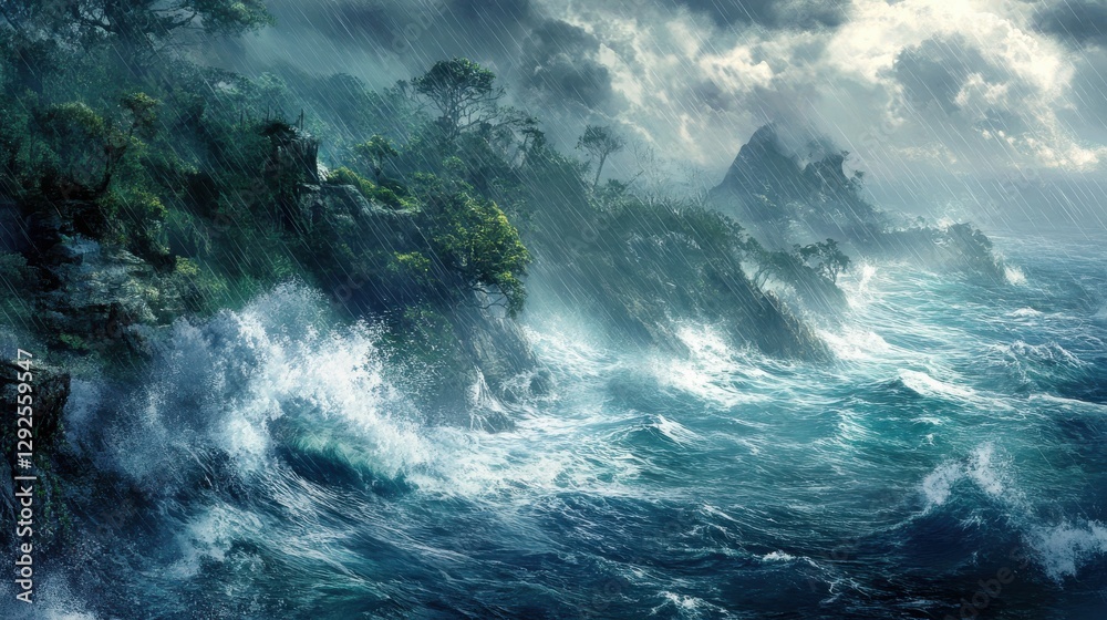 Dramatic Ocean Scene with Stormy Waves and Rain over Rugged Coastline under Dark Sky Dramatic Ocean Scene with Stormy Waves and Rain over Rugged Coastline under Dark Sky