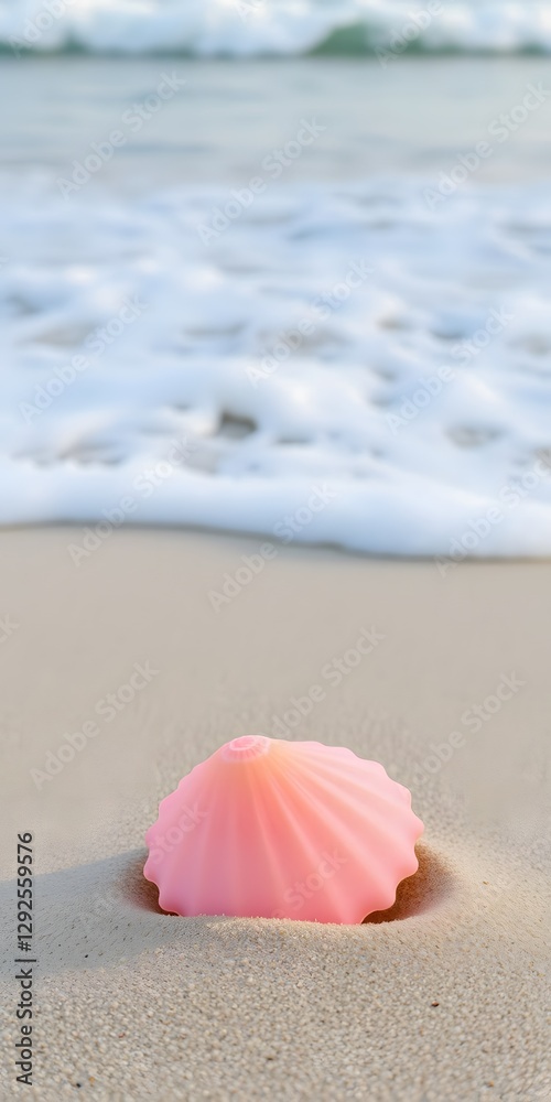 Pretty Pink Seashell Among the Soft Sand of the Beach with Waves Crashing Nearby Pretty Pink Seashell Among the Soft Sand of the Beach with Waves Crashing Nearby