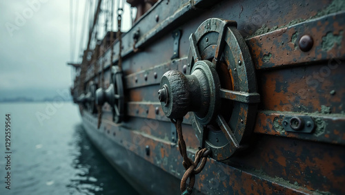 Heavily Rusted Anchor on Weathered Wooden Dock with Aged Rope, Dramatic Maritime Scene with Corroded Metal, Barnacles, and Seaweed, Set Against a Misty Seascape with Crashing Waves and Moody Lighting
