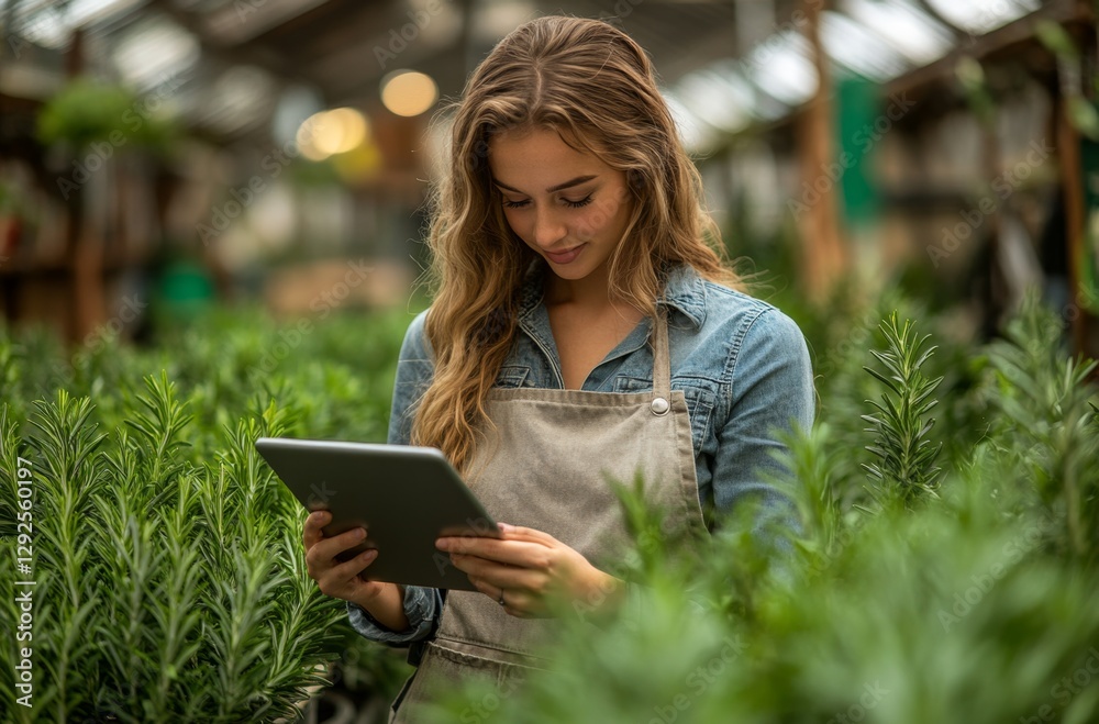 Young Woman with Long Hair Wearing Apron Using Tablet in Greenhouse Surrounded by Lush Green Plants for Gardening and Technology Integration Young Woman with Long Hair Wearing Apron Using Tablet in Greenhouse Surrounded by Lush Green Plants for Gardening and Technology Integration