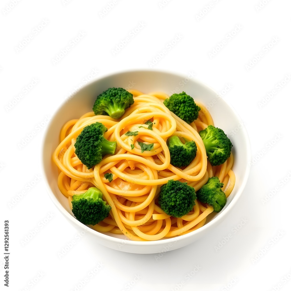 Fresh pasta with broccoli elegantly arranged in a minimalist white bowl on a soft white backdrop, offering a clean and inviting Fresh pasta with broccoli elegantly arranged in a minimalist white bowl on a soft white backdrop, offering a clean and inviting