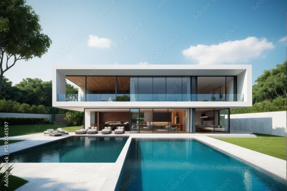 Fototapeta premium arafed view of a modern house with a pool and a patio