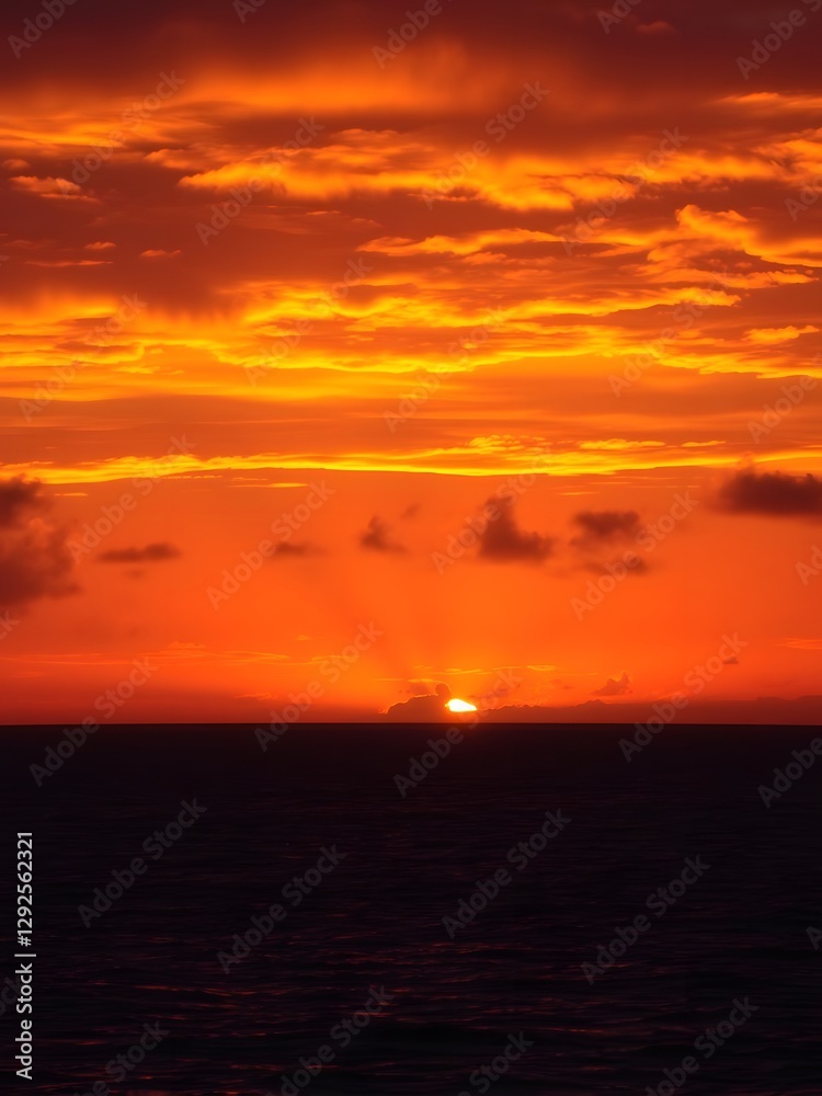 Naklejka premium A vibrant sunset over the sea with intense golden and amber hues filling the sky, casting reflections on the water