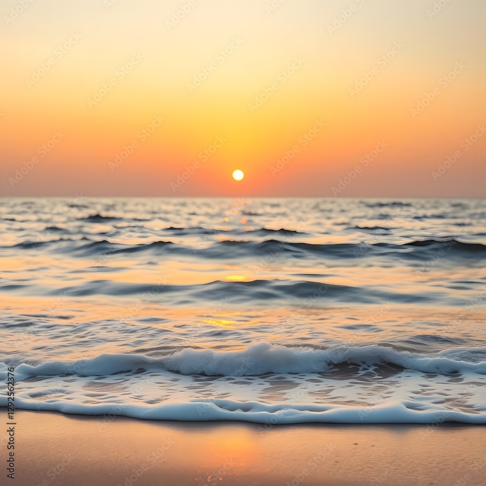 A Tranquil Beach with Waves Gently Crashing on the Shoreline at Sunset A Tranquil Beach with Waves Gently Crashing on the Shoreline at Sunset