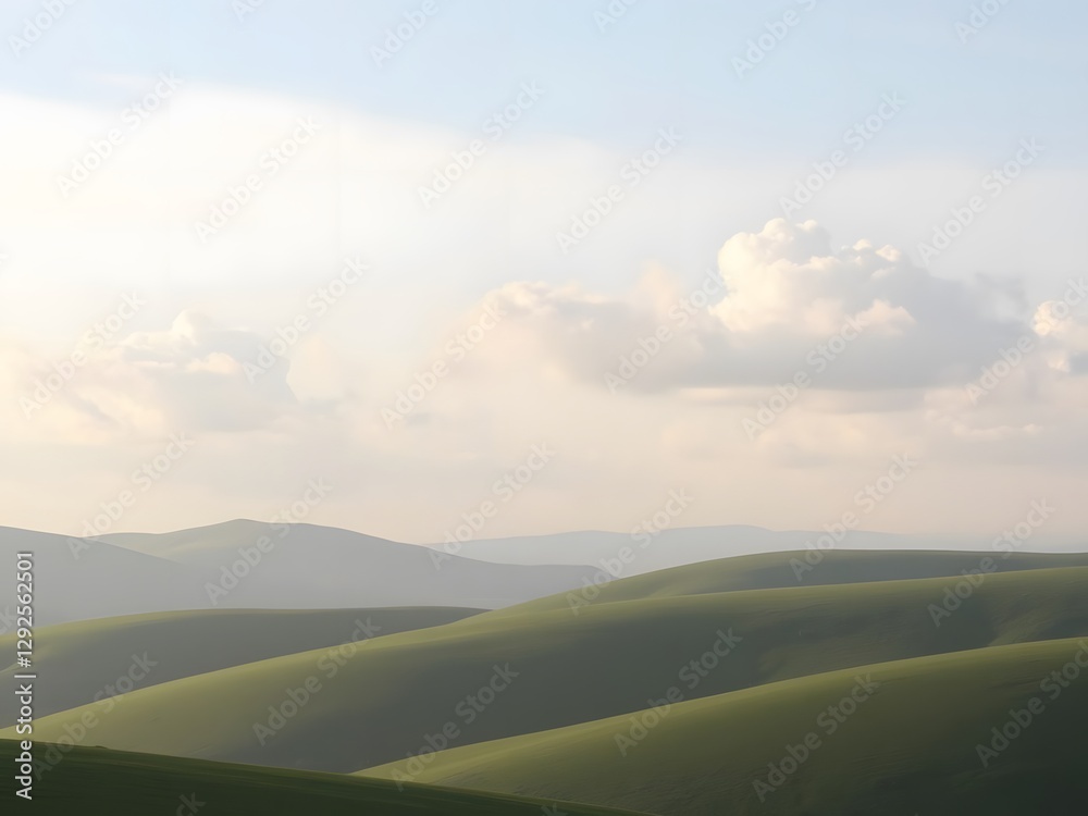 Soft Pink and Lavender Clouds Fill the Sky Above Lush Green Hills in a Dreamy Scene Soft Pink and Lavender Clouds Fill the Sky Above Lush Green Hills in a Dreamy Scene