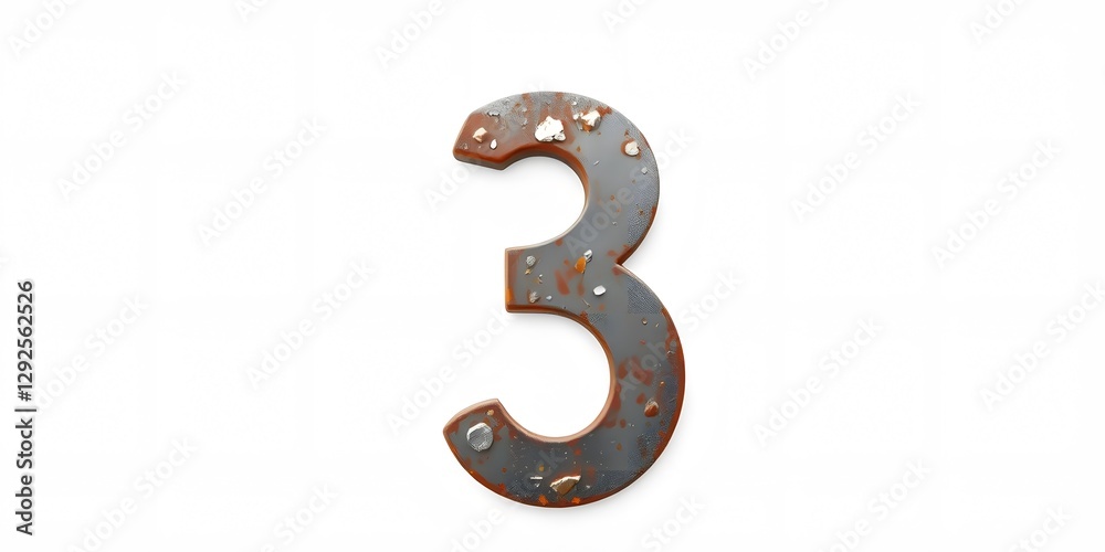 Classic Rusty Number 3 with Aged, Metallic Texture on White Background Classic Rusty Number 3 with Aged, Metallic Texture on White Background